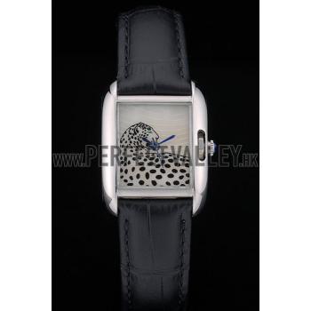 Replica Cartier Tank Anglaise White Tiger Dial Stainless Steel Case Black Leather Bracelet