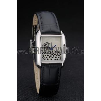 Replica Cartier Tank Anglaise White Tiger Dial Stainless Steel Case Black Leather Bracelet