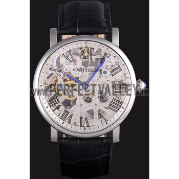 Cartier  Skeleton Watch with Silver Bezel and Black Leather Band  621559 Replica