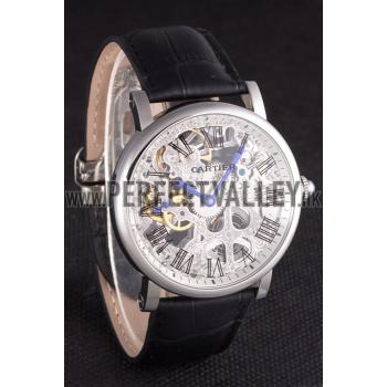 Cartier  Skeleton Watch with Silver Bezel and Black Leather Band  621559 Replica