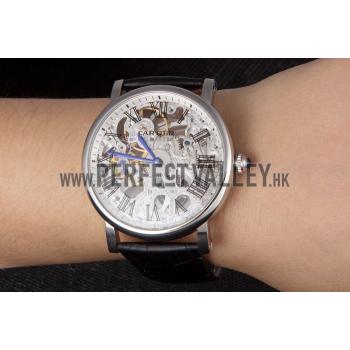 Cartier  Skeleton Watch with Silver Bezel and Black Leather Band  621559 Replica