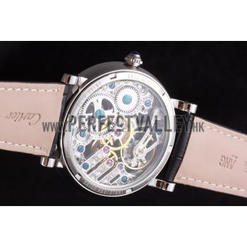 Cartier  Skeleton Watch with Silver Bezel and Black Leather Band  621559 Replica