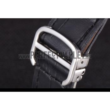 Cartier  Skeleton Watch with Silver Bezel and Black Leather Band  621559 Replica