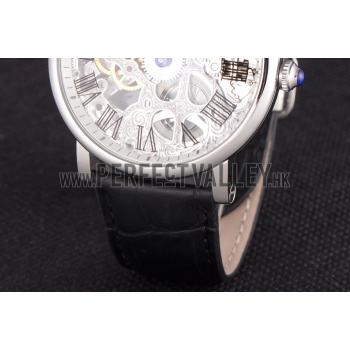 Cartier  Skeleton Watch with Silver Bezel and Black Leather Band  621559 Replica