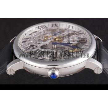 Cartier  Skeleton Watch with Silver Bezel and Black Leather Band  621559 Replica