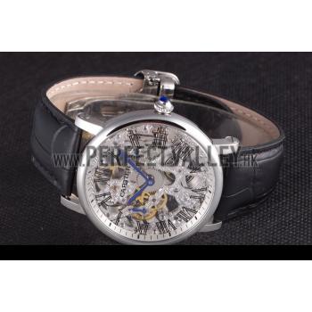 Cartier  Skeleton Watch with Silver Bezel and Black Leather Band  621559 Replica