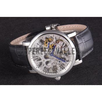 Cartier  Skeleton Watch with Silver Bezel and Black Leather Band  621559 Replica