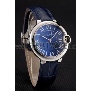 Cartier Ballon Bleu Silver Bezel with Dark Blue Dial and Dark Blue Leather Band   621555