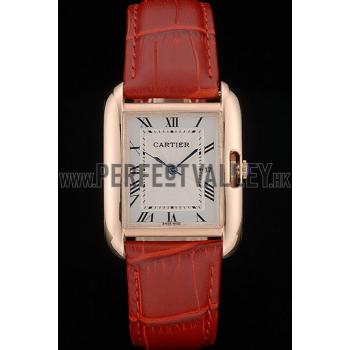 Cartier Tank Anglaise 30mm White Dial Gold Case Red Leather Bracelet