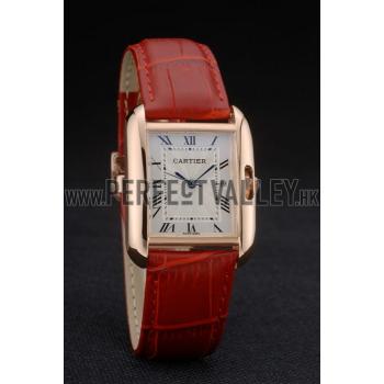 Cartier Tank Anglaise 30mm White Dial Gold Case Red Leather Bracelet