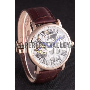 Cartier  Skeleton Watch with Rose Gold Bezel and Brown Leather Band  621557 Replica