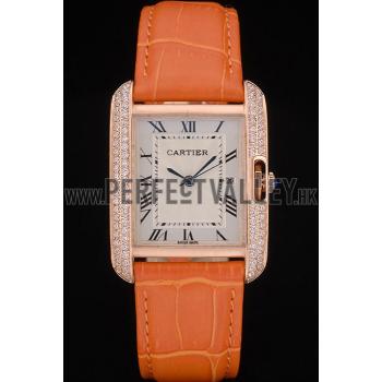 Cartier Tank Anglaise 30mm White Dial Diamonds Gold Case Orange Leather Bracelet