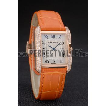 Cartier Tank Anglaise 30mm White Dial Diamonds Gold Case Orange Leather Bracelet