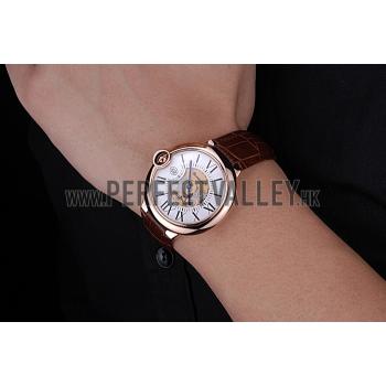 Swiss Cartier Ballon Bleu de Cartier White Dial Gold Case Brown Leather Bracelet  622552