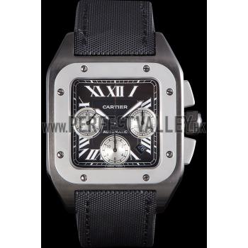 Swiss Cartier Santos Two Tone Bezel with Black Dial and Black Fabric Strap  621525