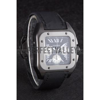 Swiss Cartier Santos Two Tone Bezel with Black Dial and Black Fabric Strap  621525