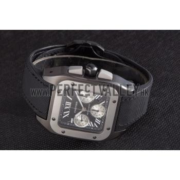 Swiss Cartier Santos Two Tone Bezel with Black Dial and Black Fabric Strap  621525