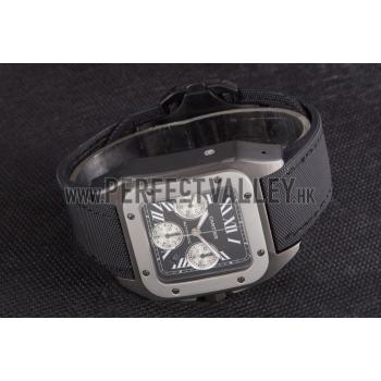 Swiss Cartier Santos Two Tone Bezel with Black Dial and Black Fabric Strap  621525