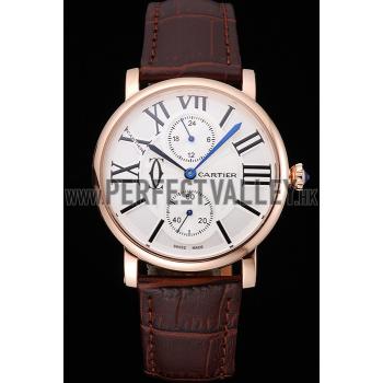 Cartier Ronde Second Time Zone White Dial Gold Case Brown Leather Strap  622801 Replica