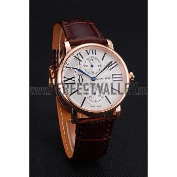 Cartier Ronde Second Time Zone White Dial Gold Case Brown Leather Strap  622801 Replica