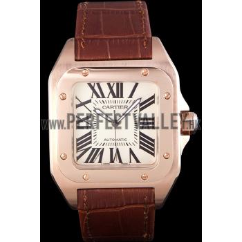 Swiss Cartier Santos Rose Gold with Brown Leather Strap  621522