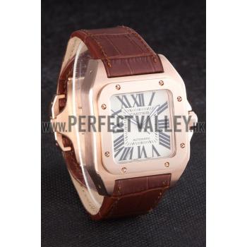 Swiss Cartier Santos Rose Gold with Brown Leather Strap  621522