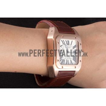 Swiss Cartier Santos Rose Gold with Brown Leather Strap  621522