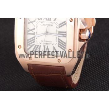 Swiss Cartier Santos Rose Gold with Brown Leather Strap  621522