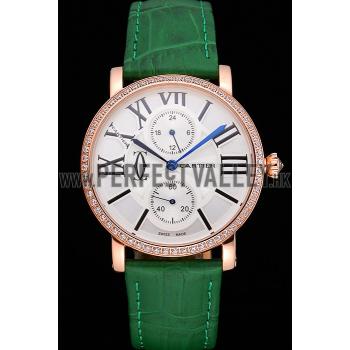 Cartier Ronde Second Time Zone White Dial Gold Case With Diamonds Green Leather Strap  622812