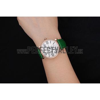 Cartier Ronde Second Time Zone White Dial Gold Case With Diamonds Green Leather Strap  622812