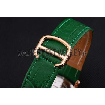 Cartier Ronde Second Time Zone White Dial Gold Case With Diamonds Green Leather Strap  622812