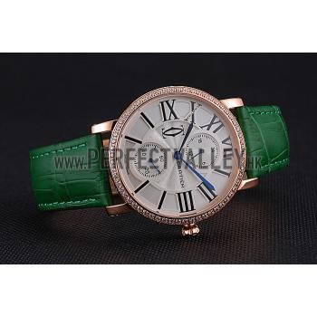 Cartier Ronde Second Time Zone White Dial Gold Case With Diamonds Green Leather Strap  622812