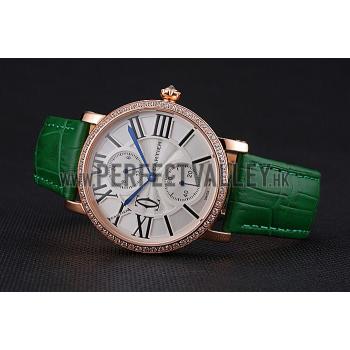 Cartier Ronde Second Time Zone White Dial Gold Case With Diamonds Green Leather Strap  622812