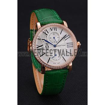 Cartier Ronde Second Time Zone White Dial Gold Case With Diamonds Green Leather Strap  622812