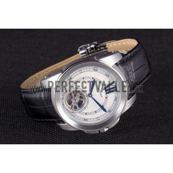 Cartier Calibre Flying Tourbillon White Dial Stainless Steel Case Black Leather Bracelet