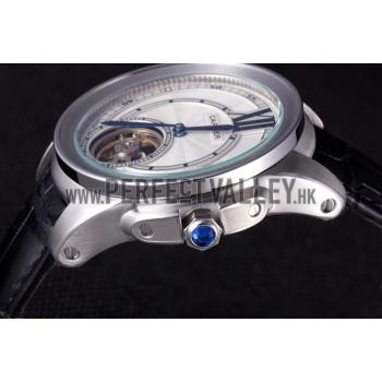 Cartier Calibre Flying Tourbillon White Dial Stainless Steel Case Black Leather Bracelet