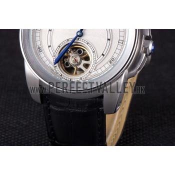 Cartier Calibre Flying Tourbillon White Dial Stainless Steel Case Black Leather Bracelet