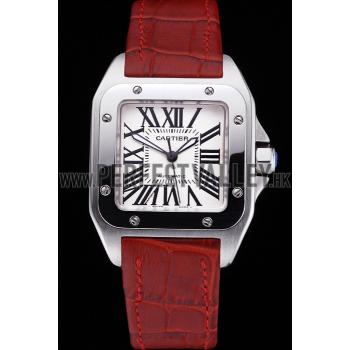 Swiss Cartier Santos White Dial Stainless Steel Case Red Leather Bracelet  622551