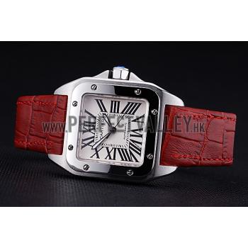 Swiss Cartier Santos White Dial Stainless Steel Case Red Leather Bracelet  622551