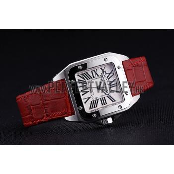 Swiss Cartier Santos White Dial Stainless Steel Case Red Leather Bracelet  622551