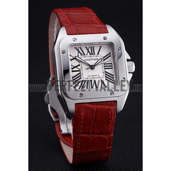 Swiss Cartier Santos White Dial Stainless Steel Case Red Leather Bracelet  622551