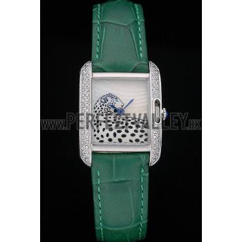 Cartier Tank Anglaise White Tiger Dial Diamonds Steel Case Green Leather Bracelet