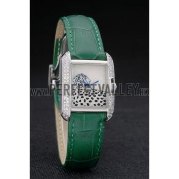 Cartier Tank Anglaise White Tiger Dial Diamonds Steel Case Green Leather Bracelet