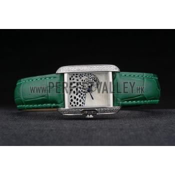 Cartier Tank Anglaise White Tiger Dial Diamonds Steel Case Green Leather Bracelet