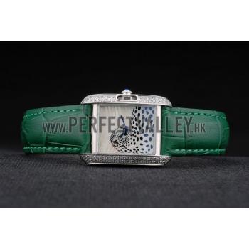 Cartier Tank Anglaise White Tiger Dial Diamonds Steel Case Green Leather Bracelet