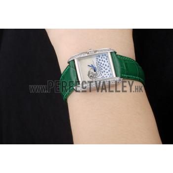 Cartier Tank Anglaise White Tiger Dial Diamonds Steel Case Green Leather Bracelet