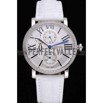 Cartier Ronde Second Time Zone White Dial Stainless Steel Case With Diamonds White Leather Strap  622803