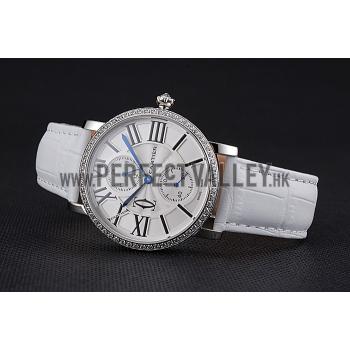 Cartier Ronde Second Time Zone White Dial Stainless Steel Case With Diamonds White Leather Strap  622803