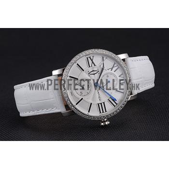 Cartier Ronde Second Time Zone White Dial Stainless Steel Case With Diamonds White Leather Strap  622803