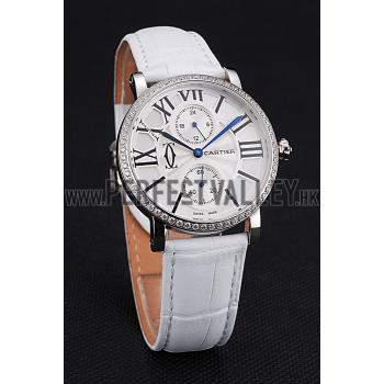 Cartier Ronde Second Time Zone White Dial Stainless Steel Case With Diamonds White Leather Strap  622803